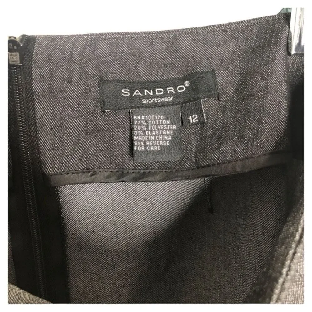 Sandro Sportswear Black Chambray Ruffle Straight Skirt Size 12 Zipper Back